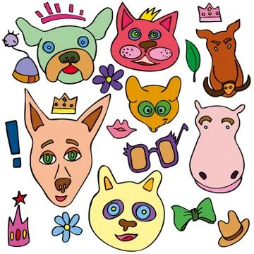 Set of doodle funny and cute animals 스톡 일러스트