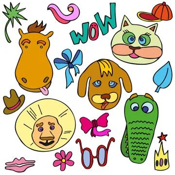 Set of doodle funny and cute animals Stock Illustration