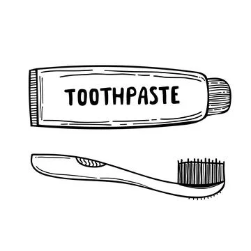 Set of doodle Funny cartoon toothpaste, toothbrush - vector. isolated black w Stock Illustration