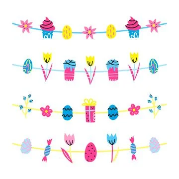 Set of doodle garlands with Easter icons. Stock Illustration