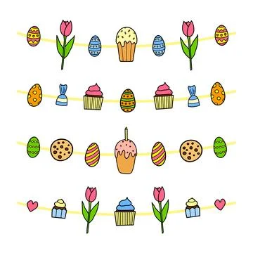 Set of doodle garlands with Easter icons. Stock Illustration