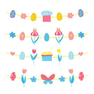 Set of doodle garlands with Easter icons. Stock Illustration