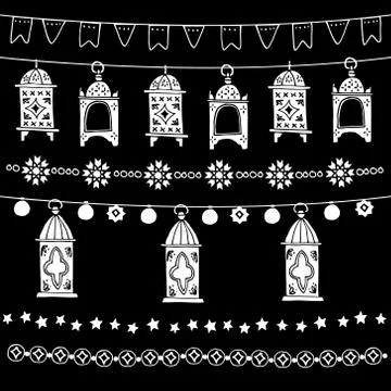 Set of doodle garlands, frames with arabic ornaments, bunting flags, stars and Stock Illustration