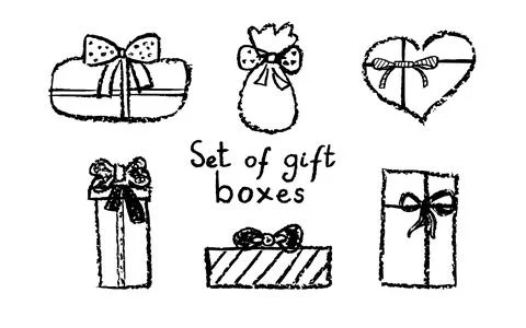 Set of doodle gift boxes with bow. Simple line elements collection drawing by Illustrazione stock