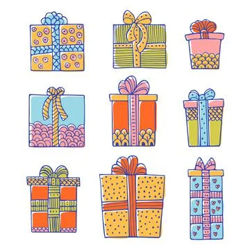 Set of doodle gift boxes isolated on white Illustrazione stock
