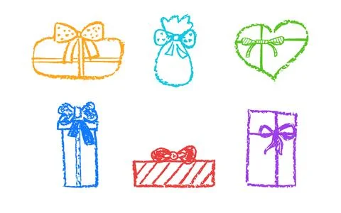 Set of doodle gift ribbon bow. Simple line elements collection drawing by color Stock Illustration