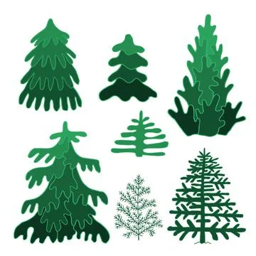 Set of doodle green tree spruce line art. Hand drawn vector illustration. For Stock Illustration