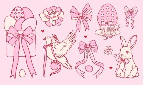 Set of doodle hand drawn elements for Easter in coquette style. Cute pink girly イラスト素材