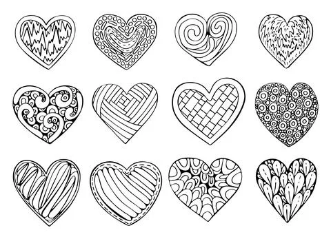 Set of doodle hearts. Romantic objects decorated with ornaments. Cute love sy Stock Illustration