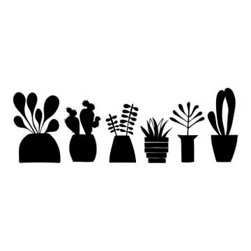 Set of doodle home plants. Vector hand drawn. Silhouette. Stock Illustration
