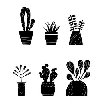 Set of doodle home plants. Vector hand drawn. Silhouette. Stock Illustration