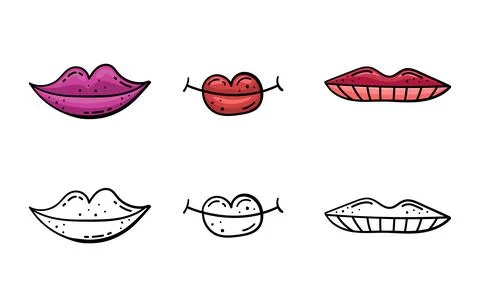 Set of doodle illustrations of cartoon lips. Bright painted lips. Stock Illustration