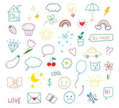 A set of doodle illustrations. Hand drawn colored set of simple decorative .. Stock Illustration