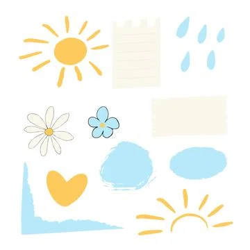 Set doodle ink, brush design elements with flowers,sun, rain drops, decorations Illustrazione stock