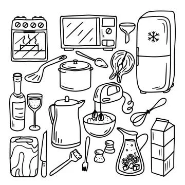 Set of doodle kitchen tools. Doodle kitchen equipments. Vector illustration i Illustrazione stock