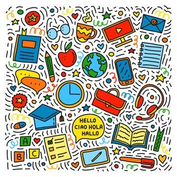 Set of doodle language courses icons. Stock Illustration