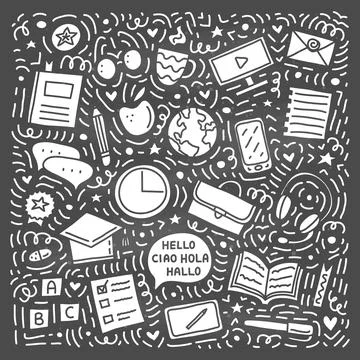 Set of doodle language courses icons. Stock Illustration