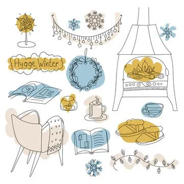 Set Doodle linear objects of the cozy home Hygge Winter Decorations, fireplac Stock Illustration