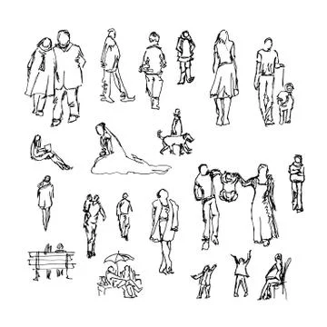 Set of doodle lined people. Trace collection Stock Illustration