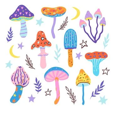 Set of doodle magic mushrooms. Vector illustration of fairy cartoon mushroo.. Stock Illustration
