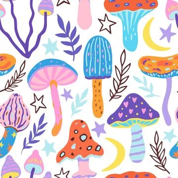Set of doodle magic mushrooms. Vector illustration of fairy cartoon mushroo.. Stock Illustration