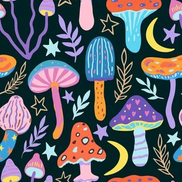 Set of doodle magic mushrooms. Vector illustration of fairy cartoon mushroo.. Illustrazione stock