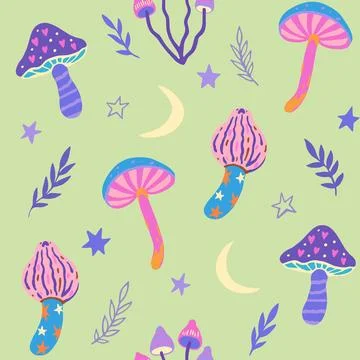 Set of doodle magic mushrooms. Vector illustration of fairy cartoon mushroo.. Stock Illustration