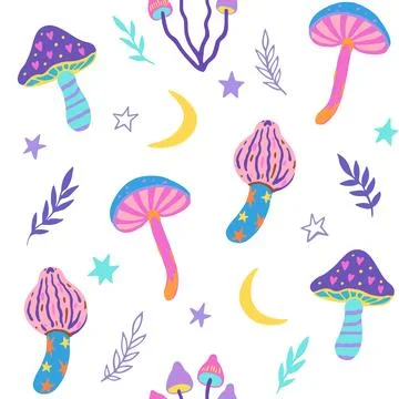 Set of doodle magic mushrooms. Vector illustration of fairy cartoon mushroo.. Stock Illustration