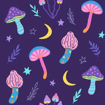 Set of doodle magic mushrooms. Vector illustration of fairy cartoon mushroo.. Stock Illustration