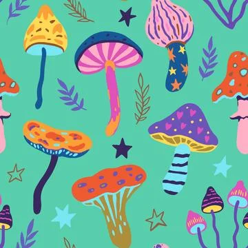 Set of doodle magic mushrooms. Vector illustration of fairy cartoon mushroo.. Stock Illustration