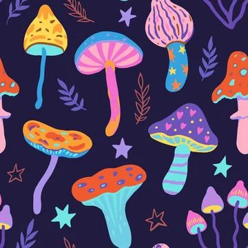 Set of doodle magic mushrooms. Vector illustration of fairy cartoon mushroo.. Stock Illustration