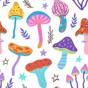 Set of doodle magic mushrooms. Vector illustration of fairy cartoon mushroo.. Stock Illustration
