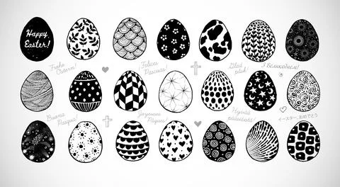 Set of doodle ornated easter eggs. Inscription Happy Easter in different Illustrazione stock