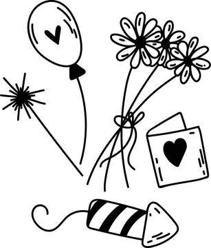 Set of doodle party elements. Hand-drawn vector illustration with daises, bal Stock Illustration