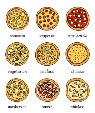 Set of doodle pizza. Stock Illustration