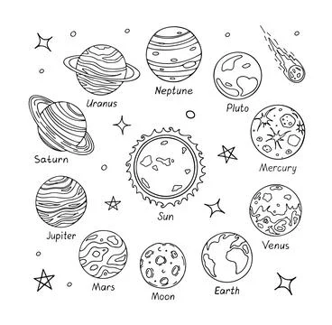 Set of doodle planets isolated on white background Stock Illustration
