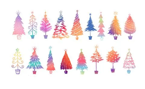 Set of doodle rainbow christmas trees on white background. Stock Illustration