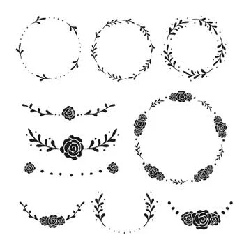 Set of doodle Rose and leaf Floral circle frames, dividers, and wreath Stock Illustration