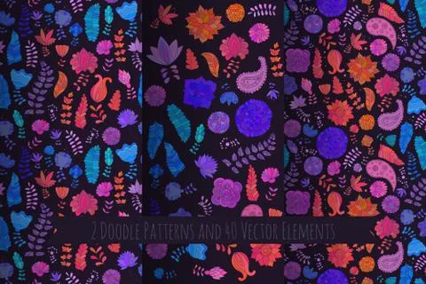 Set of doodle seamless pattern and elements Stock Illustration