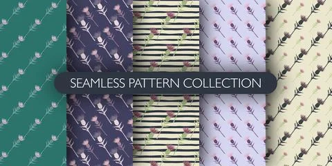 Set of doodle seamless pattern with burdock silhouettes. Floral backdrop coll 스톡 일러스트