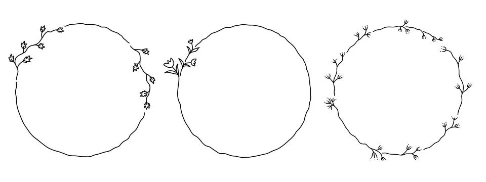 Set of doodle simple circle frame with elegant leaves, twig and floral element Stock Illustration