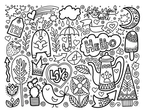 Set of doodle sketch drawing nice elements, black and white vect Illustrazione stock