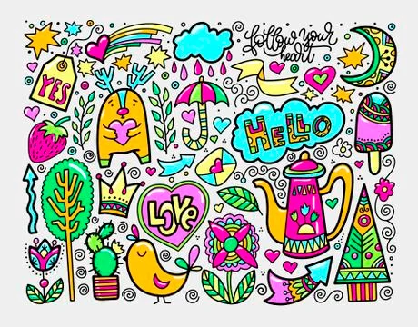 Set of doodle sketch drawing nice elements in bright colors Illustrazione stock