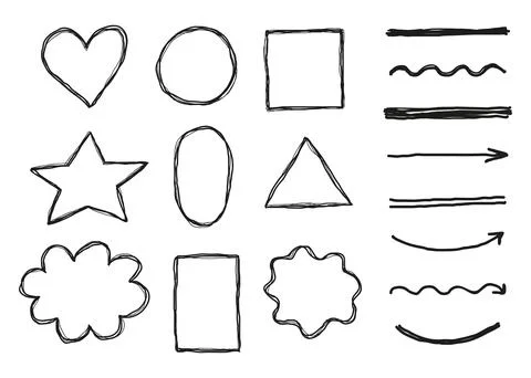 Set of doodle sketched frames, elements. Stock Illustration