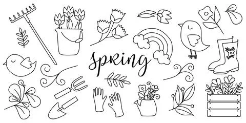Set of Doodle Spring elements. Coloring book for kids with Flowers, Tools and Stock Illustration