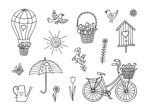 Set of doodle spring elements. Stock Illustration