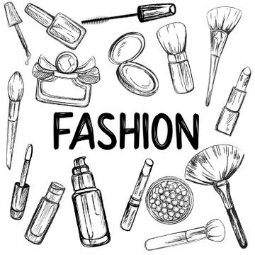 Set of doodle style cosmetics isolated on white background. Vector illustrati Stock Illustration