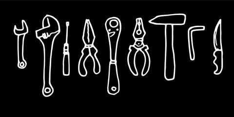 A set of doodle-style repair tools. Hand-drawn Isolated Vector Set Linear White Stock Illustration