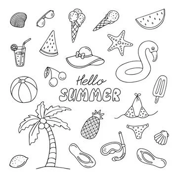 Set of doodle summertime elements Stock Illustration