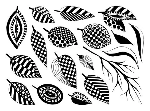 Set of doodle tree leaves. Vector linear botanical illustration. Zentangle co Stock Illustration